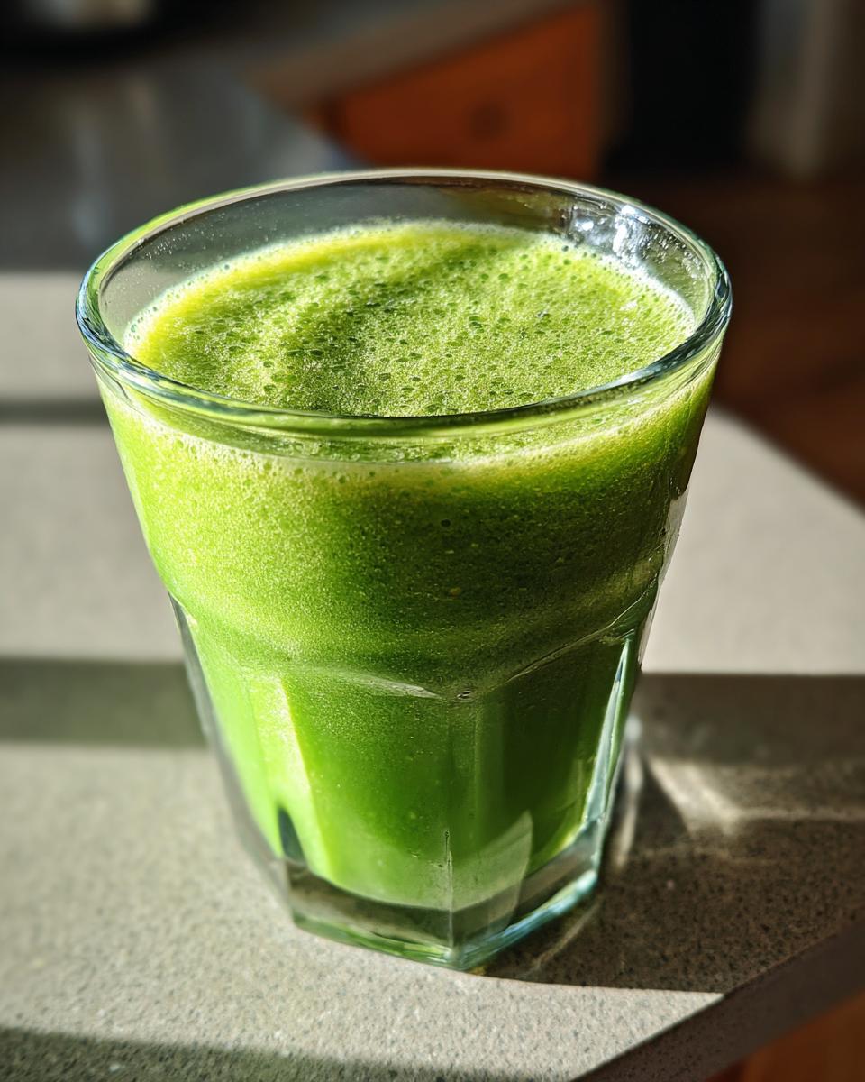 A close-up of a bright green Pineapple Spinach Smoothie in a textured glass, sitting in sunlight.