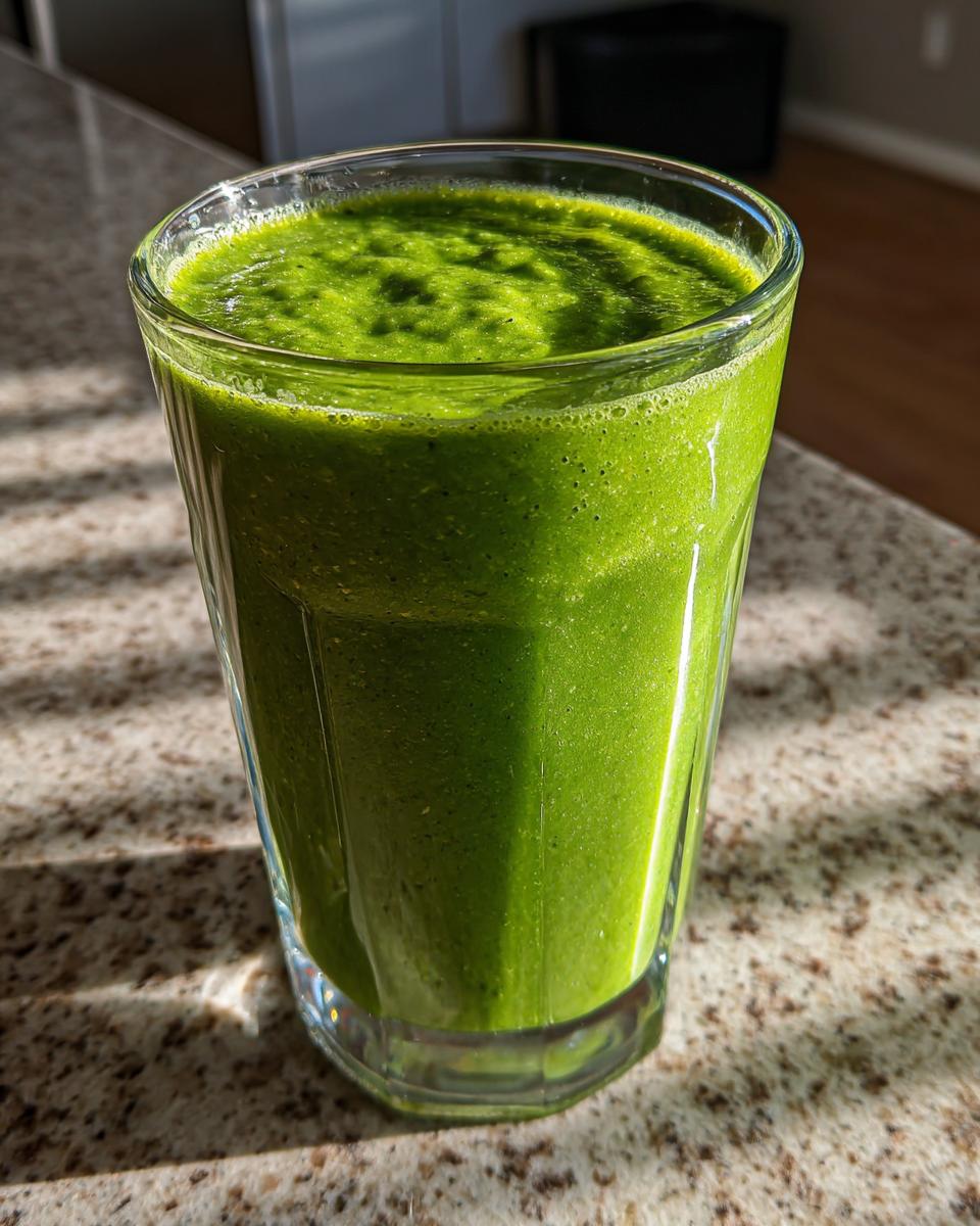 A vibrant, thick Pineapple Spinach Smoothie filling a clear glass, sitting on a speckled countertop in bright sunlight.