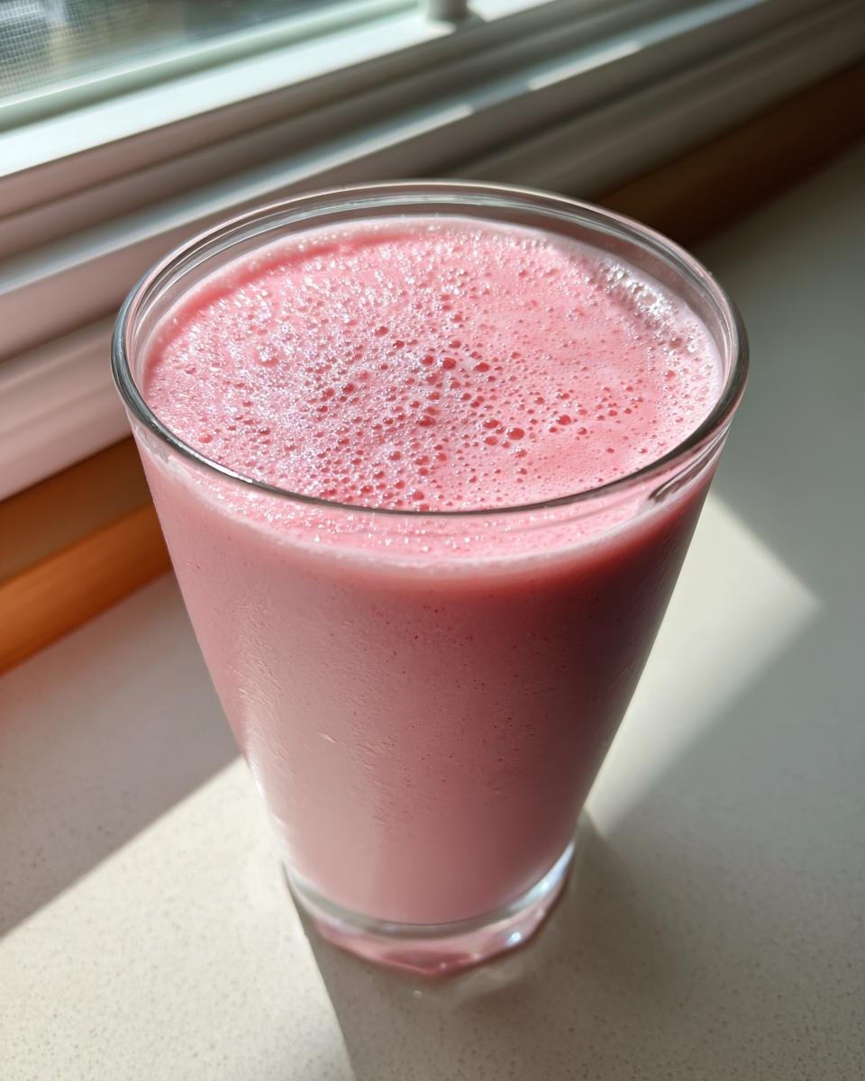 A tall glass filled with a frothy, vibrant Pink Cloud Smoothie sitting on a light countertop near a window.