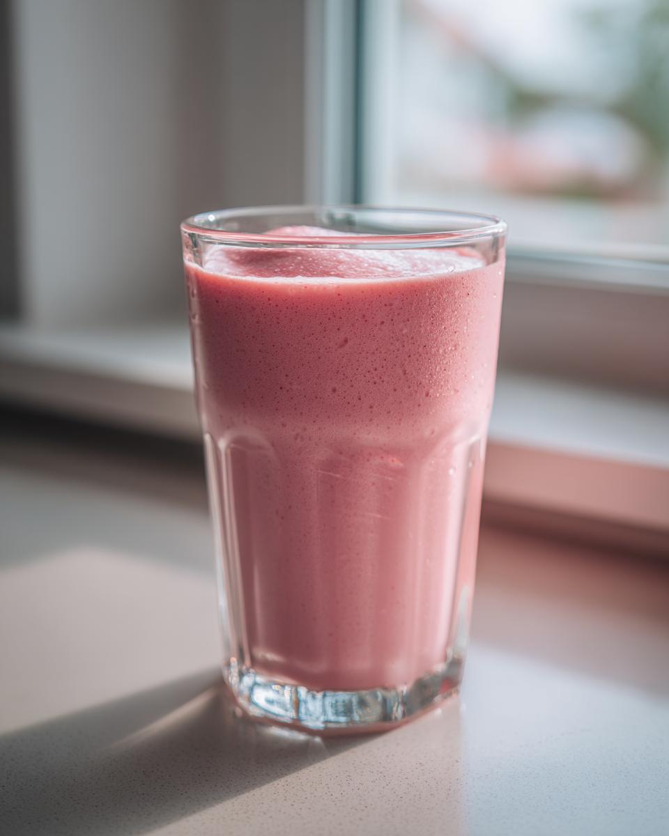 A tall glass filled with a thick, frothy Pink Cloud Smoothie sitting on a countertop near a window.