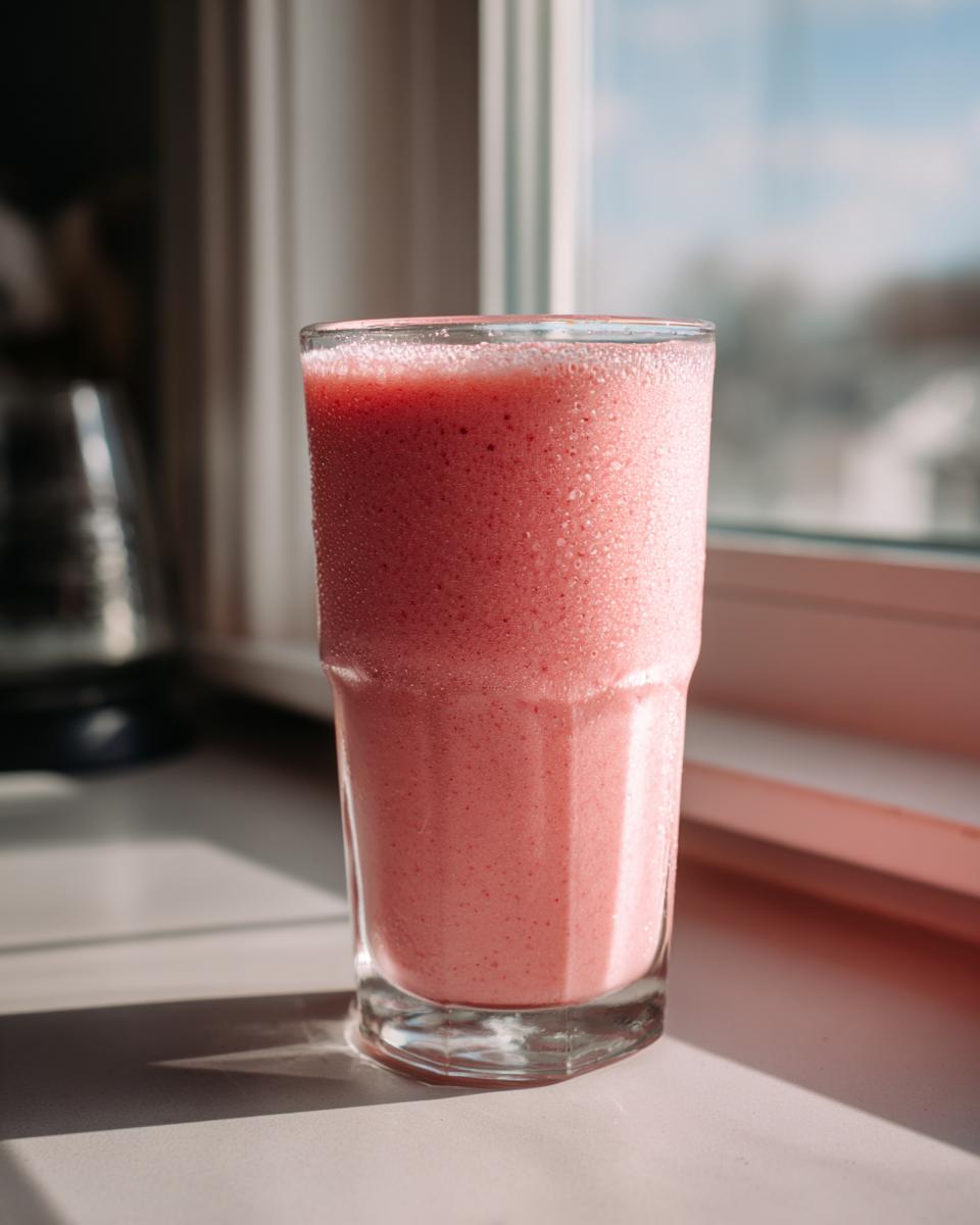 A tall glass filled with a frothy, bright pink cloud smoothie sitting on a windowsill in bright sunlight.