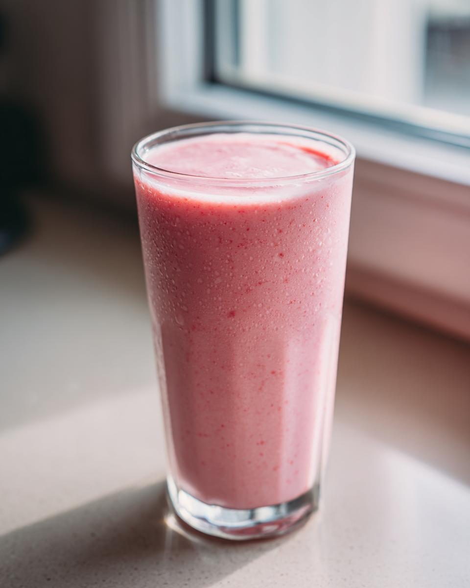 A tall glass filled with a thick, light pink Cloud Smoothie sitting on a counter near a window.