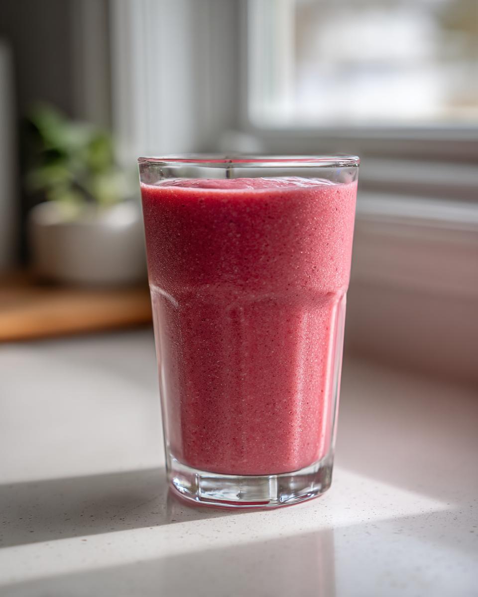 A tall glass filled with a vibrant Pink Glow Smoothie sitting on a bright countertop near a window.