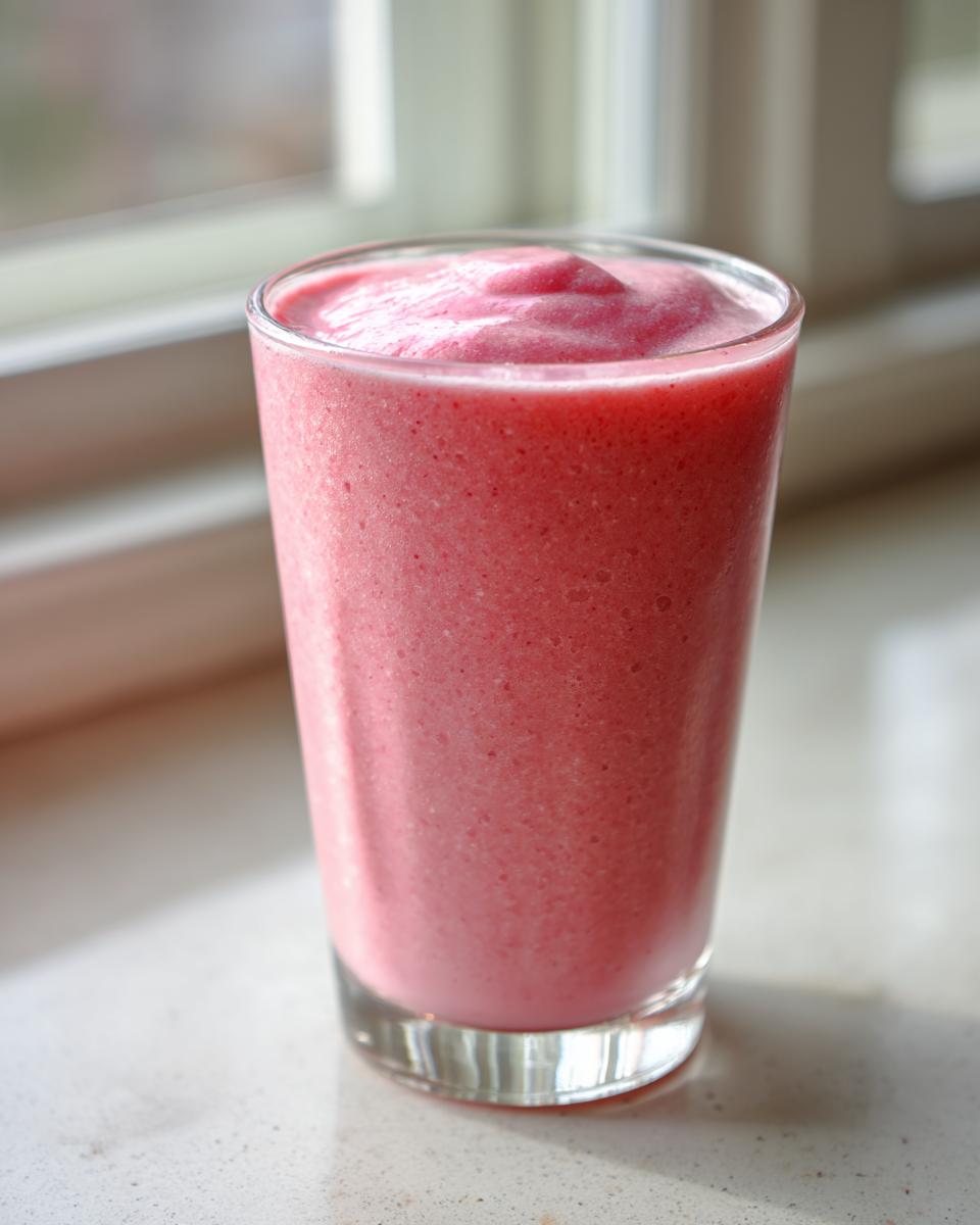 A tall glass filled with a thick, vibrant Pink Glow Smoothie sitting on a light countertop near a window.