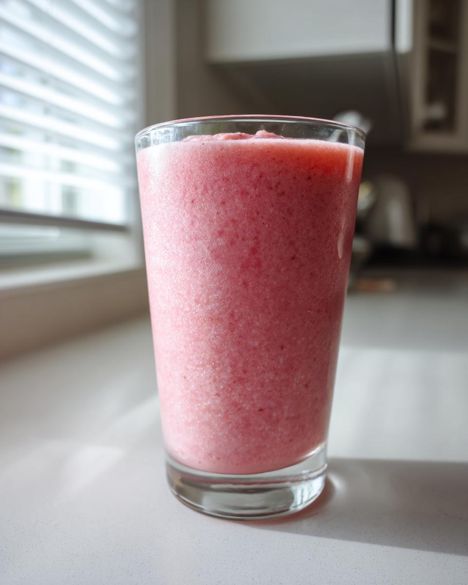A tall glass filled with a thick, vibrant Pink Glow Smoothie sitting on a bright white countertop.