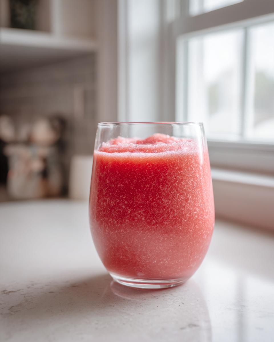 A vibrant, icy Pink Glow Smoothie served in a clear glass on a light countertop near a window.
