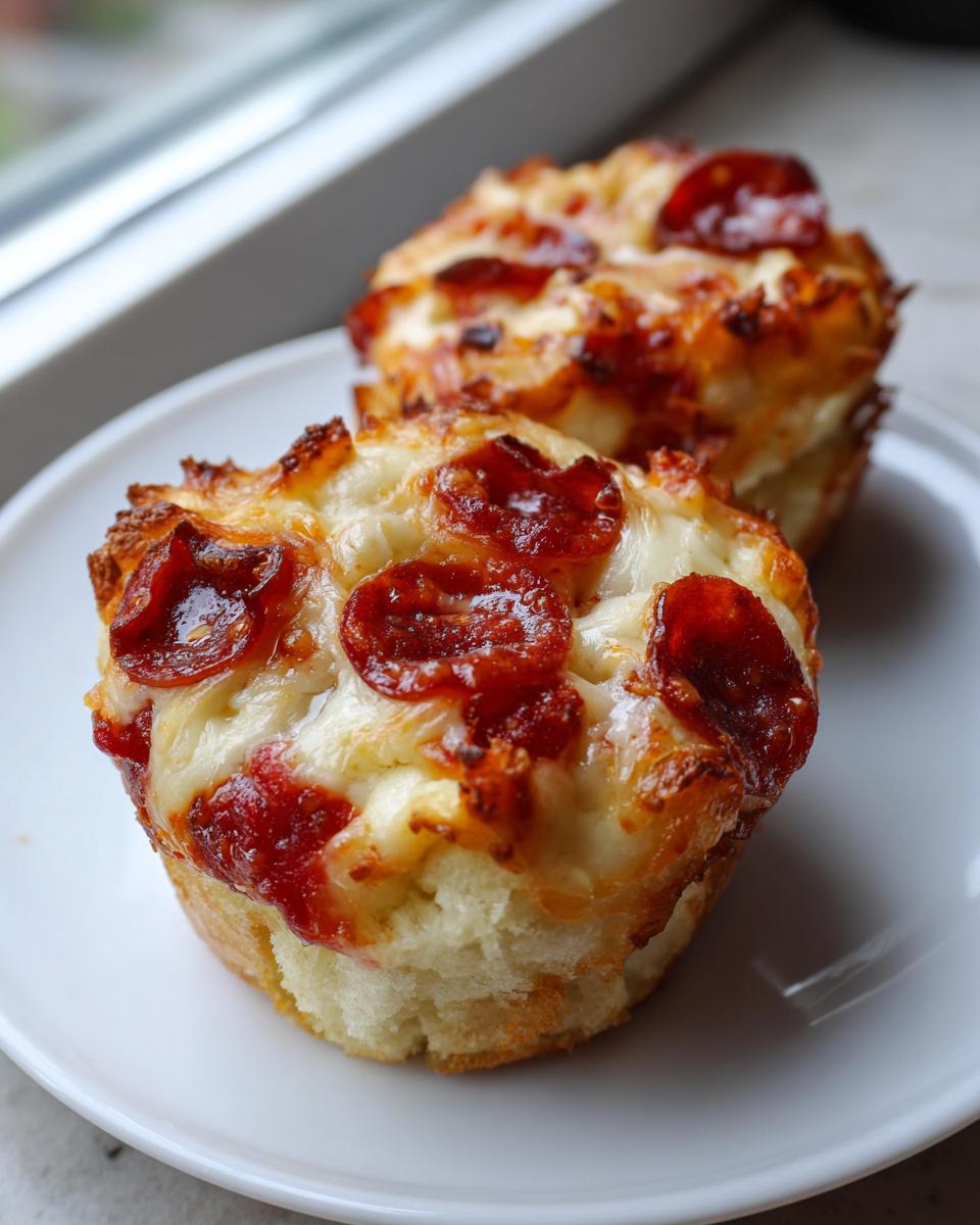 Close-up of two freshly baked Pizza Cupcakes topped with melted mozzarella cheese and crispy pepperoni slices.