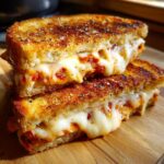 Two halves of a golden-brown Pizza Grilled Cheese sandwich stacked, showing gooey, melted mozzarella and red sauce.