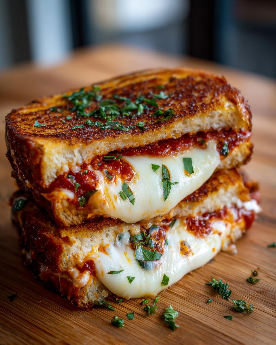 Close-up of a halved Pizza Grilled Cheese sandwich showing melted mozzarella cheese oozing out, garnished with parsley.