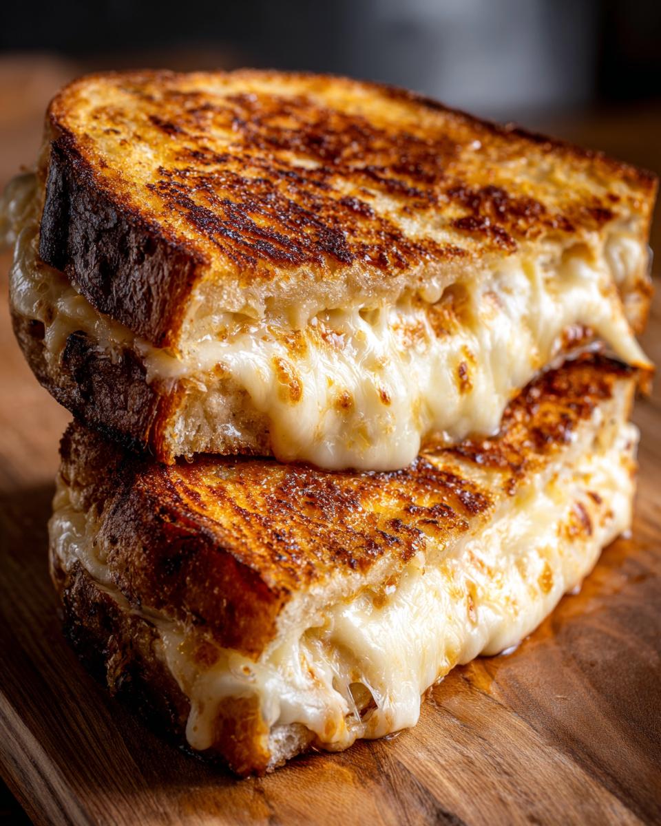 Close-up of two halves of a golden-brown Pizza Grilled Cheese sandwich stacked, showing melted cheese oozing out.
