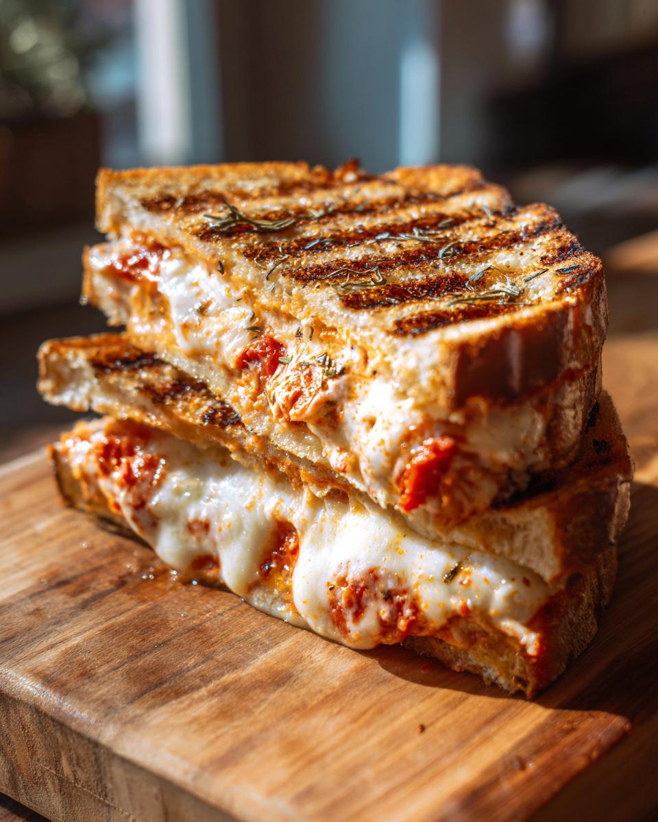 Two halves of a grilled Pizza Grilled Cheese sandwich stacked, showing melted mozzarella and tomato sauce.