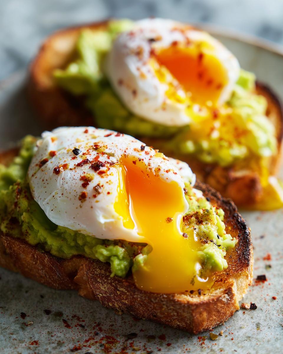 Close-up of Potato Avocado Toast With Perfectly Poached Eggs, showing runny yolk spilling onto toast.