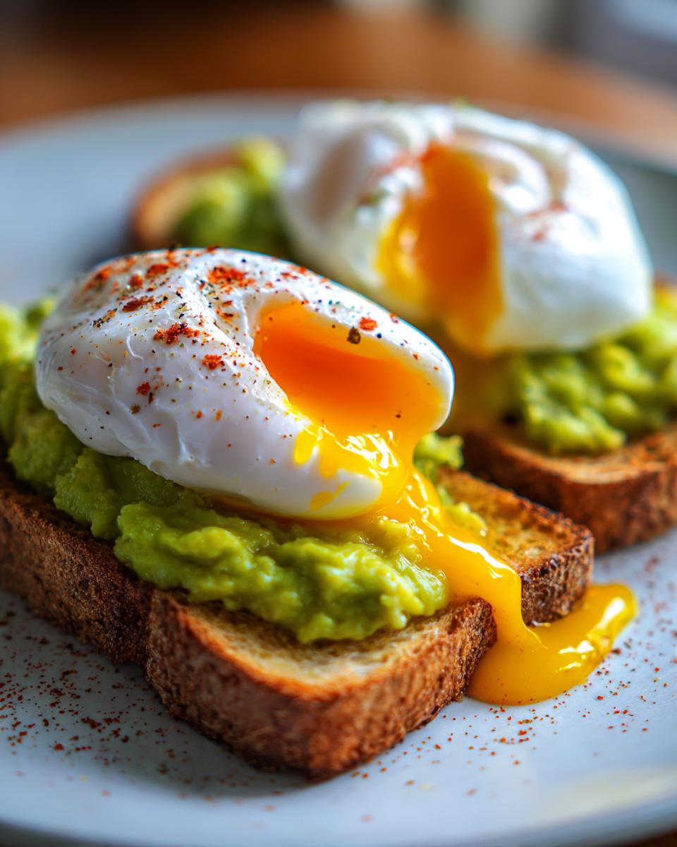 Close-up of Potato Avocado Toast With Perfectly Poached Eggs, showing runny yolk.