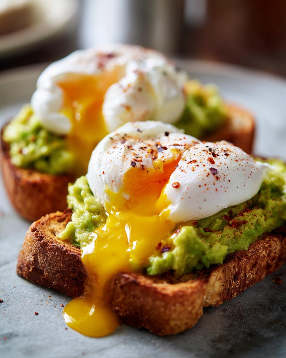 Close-up of Potato Avocado Toast With Perfectly Poached Eggs, showing runny yolk.