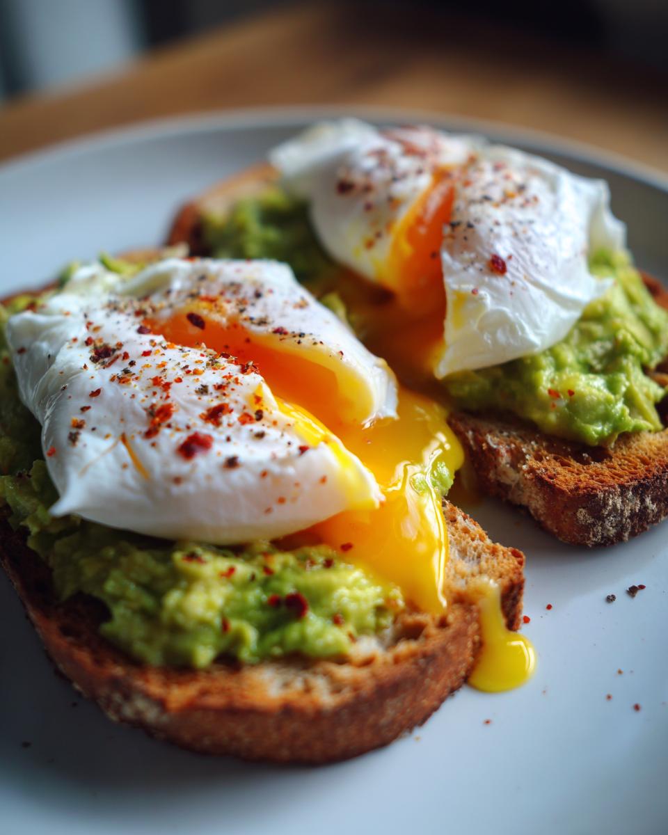 Two slices of Potato Avocado Toast topped with perfectly poached eggs and chili flakes.