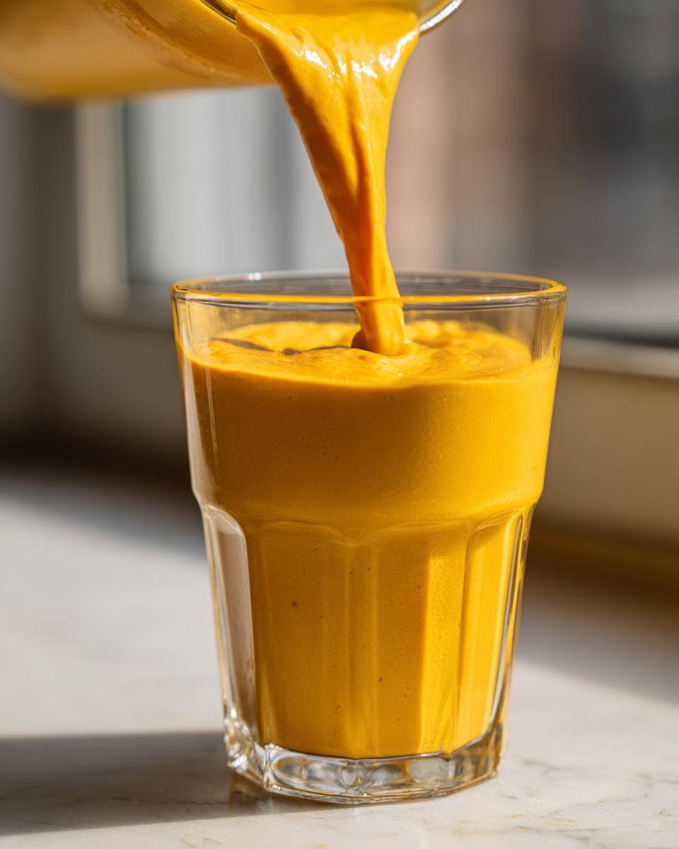 Thick, vibrant orange Best Turmeric Smoothie being poured from a blender pitcher into a clear glass.