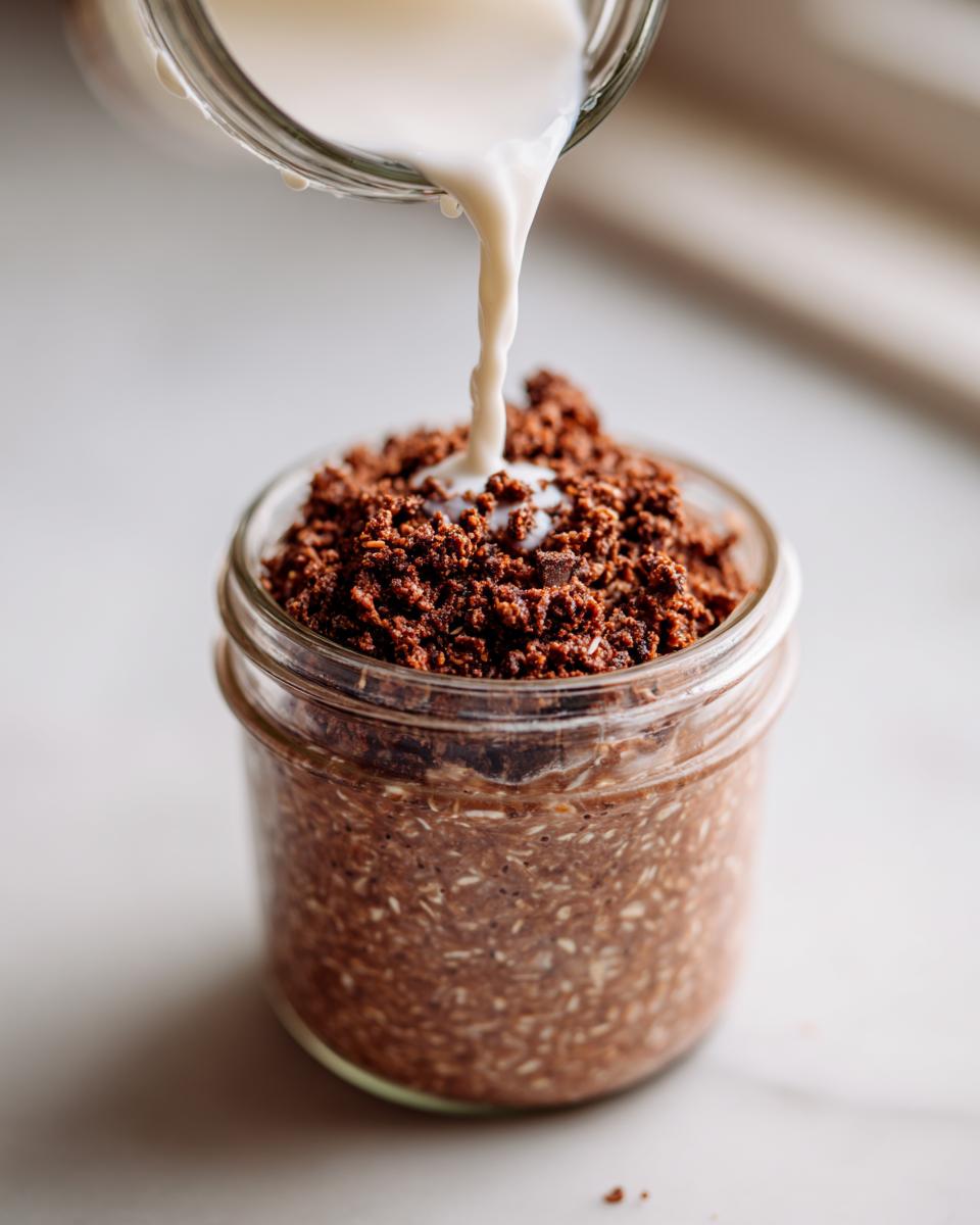 Milk being poured from a glass jar over the topping of Mocha Overnight Oats in a separate jar.