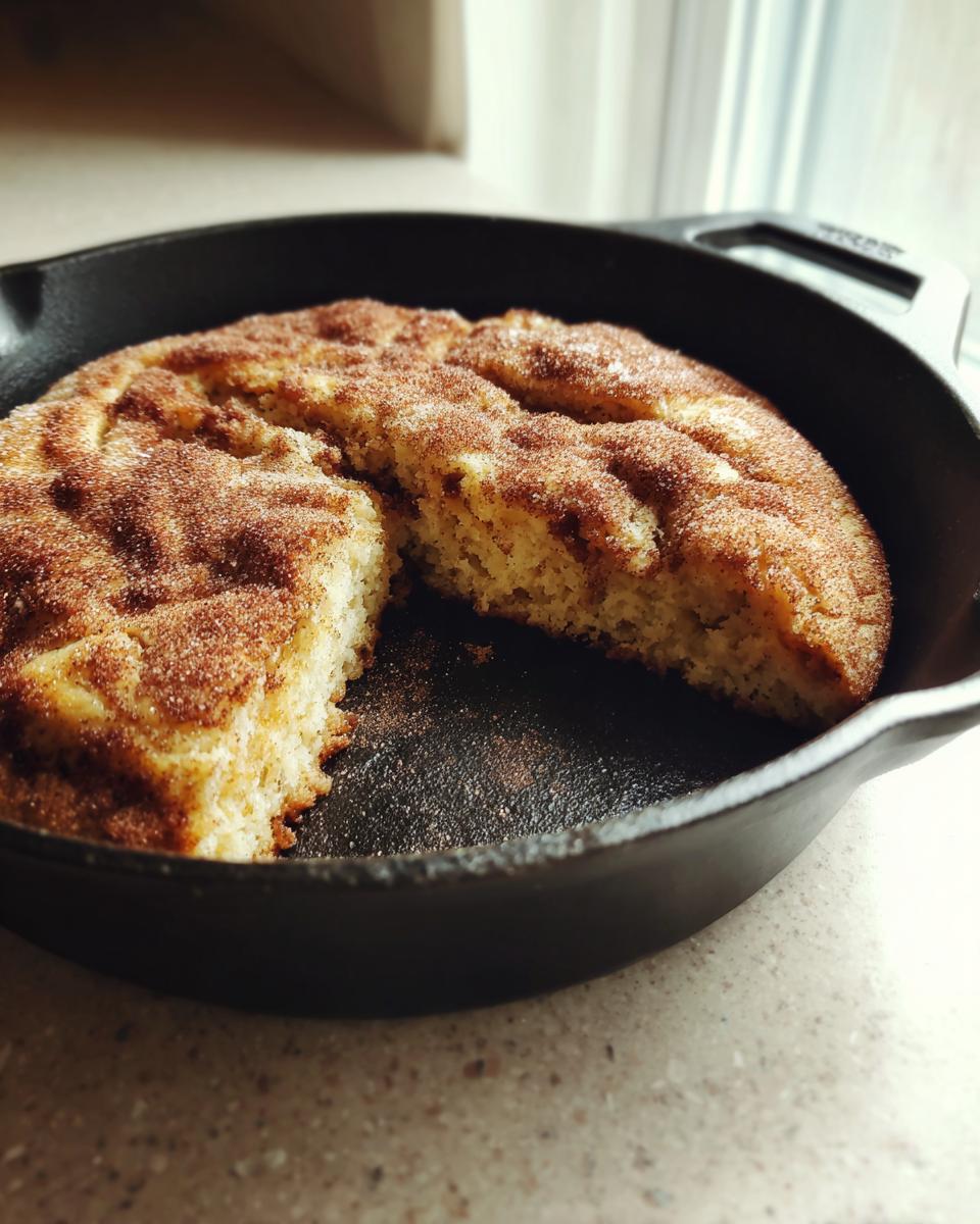 A freshly baked Pumpkin Snickerdoodle Skillet Cookie, cut open to show the soft interior, resting in a black cast iron skillet.