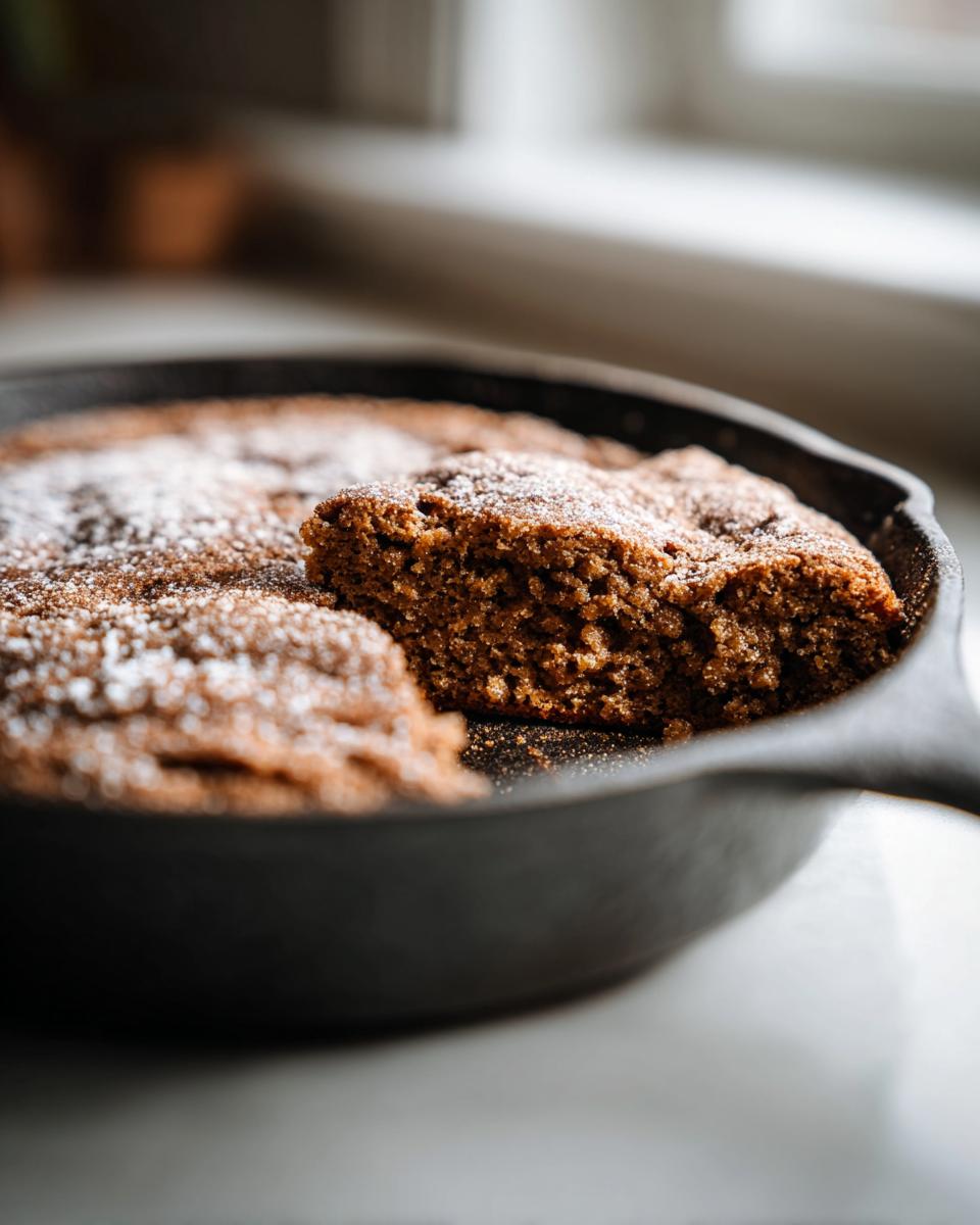 A close-up of a slice taken out of a warm Pumpkin Snickerdoodle Skillet Cookie, dusted with powdered sugar.