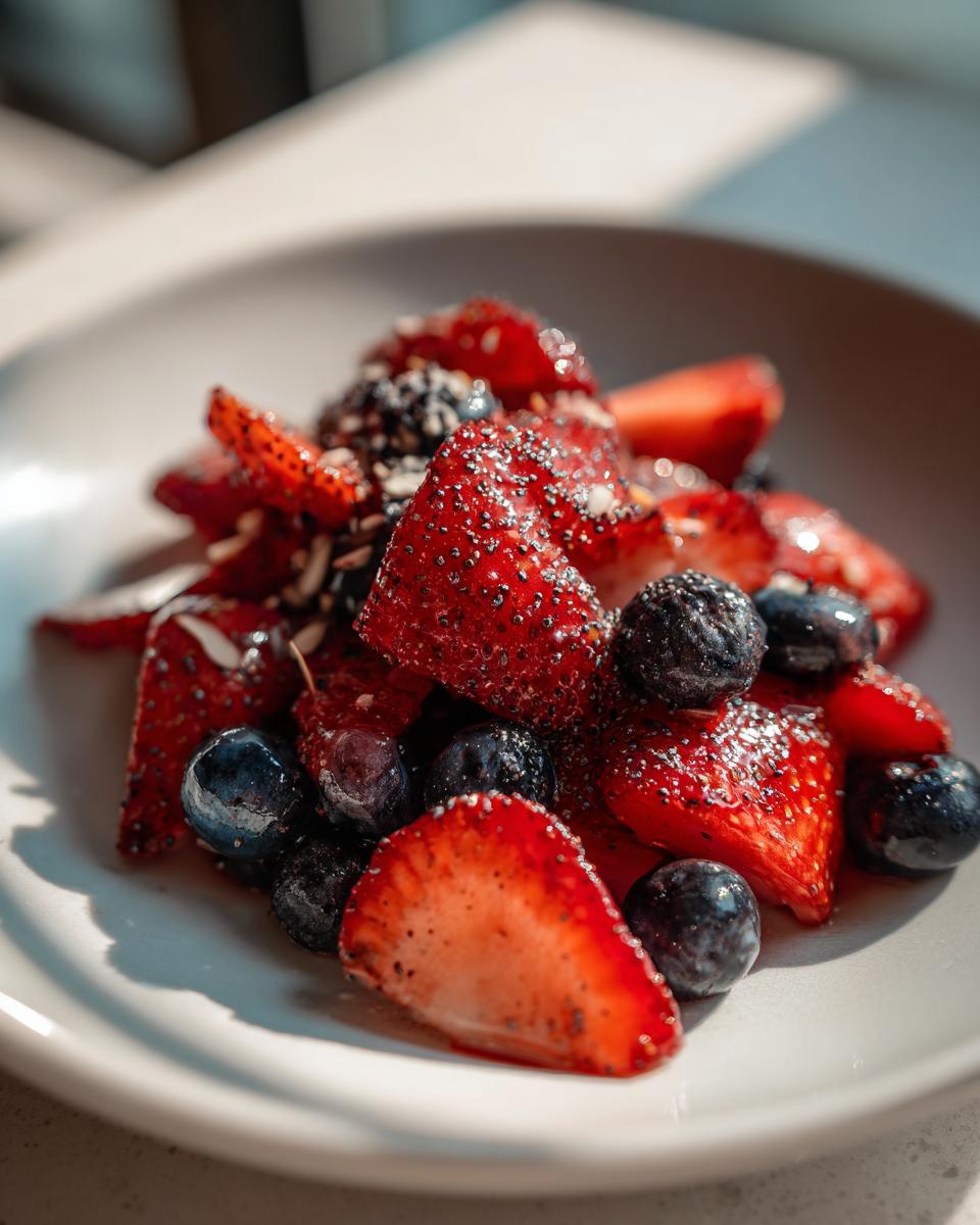 Close-up of sliced strawberries and blueberries tossed with seeds, perfect for 4th Of July Strawberries.