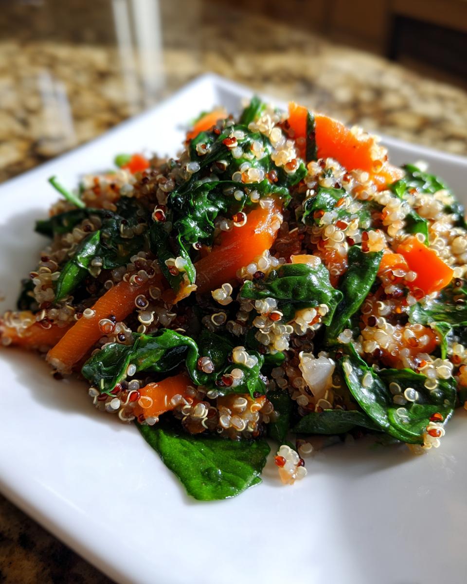Close-up of a serving of Quinoa Spinach Power Salad featuring tri-color quinoa, wilted spinach, and bright orange carrot slices.