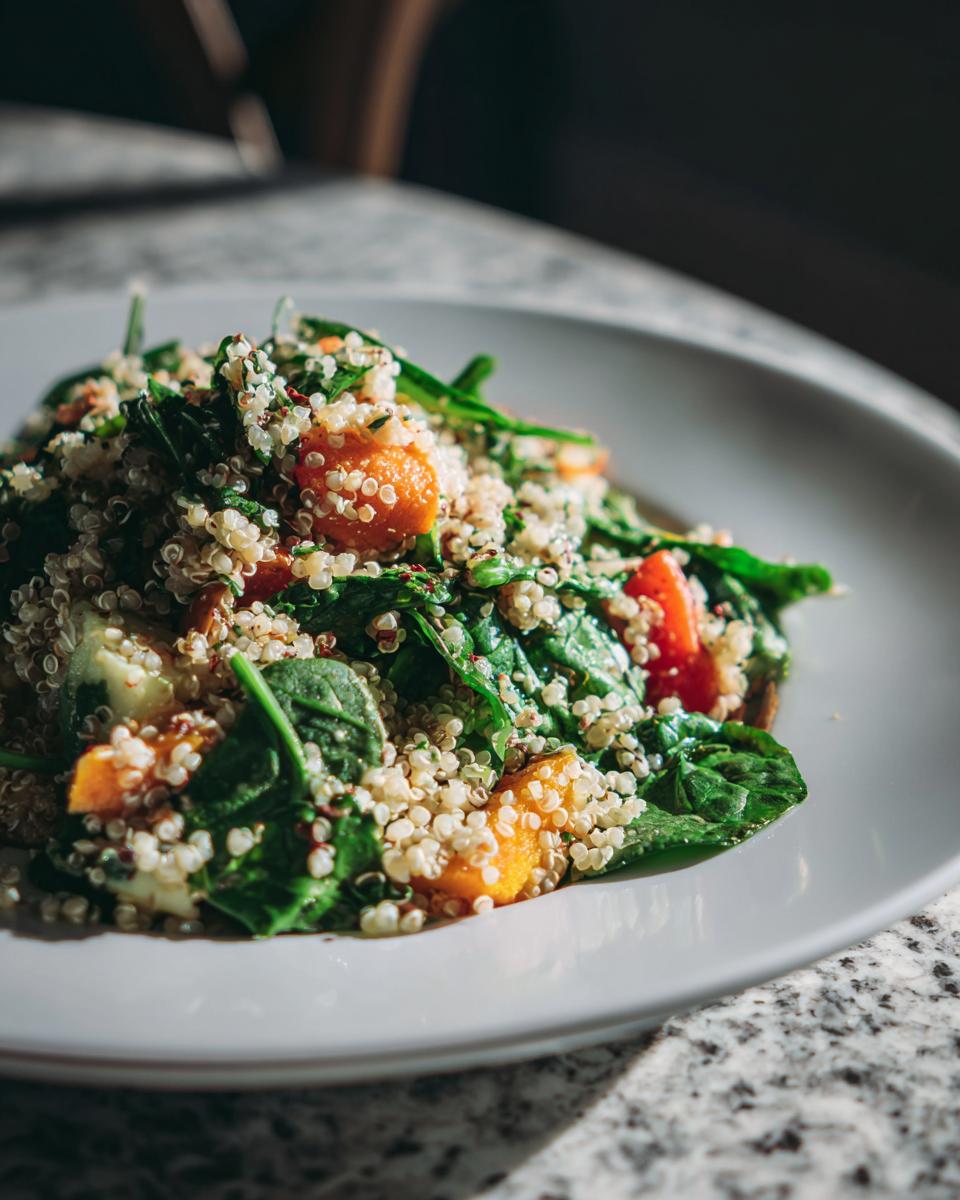 A serving of Quinoa Spinach Power Salad featuring fluffy quinoa, dark green spinach leaves, and diced orange vegetables on a white plate.
