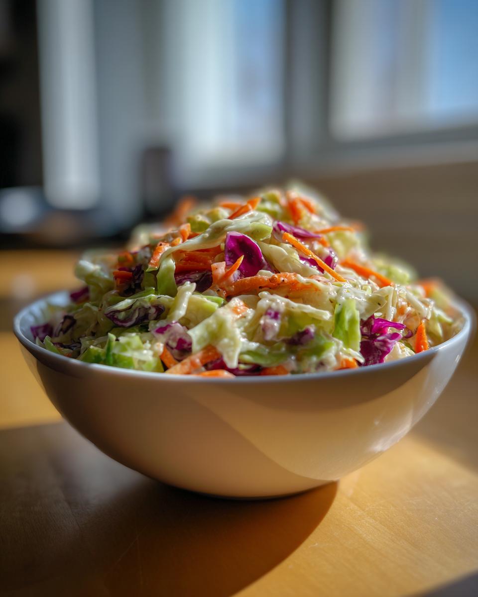 A white bowl filled high with vibrant Rainbow Crunch Slaw featuring shredded cabbage and carrots tossed in a creamy dressing.
