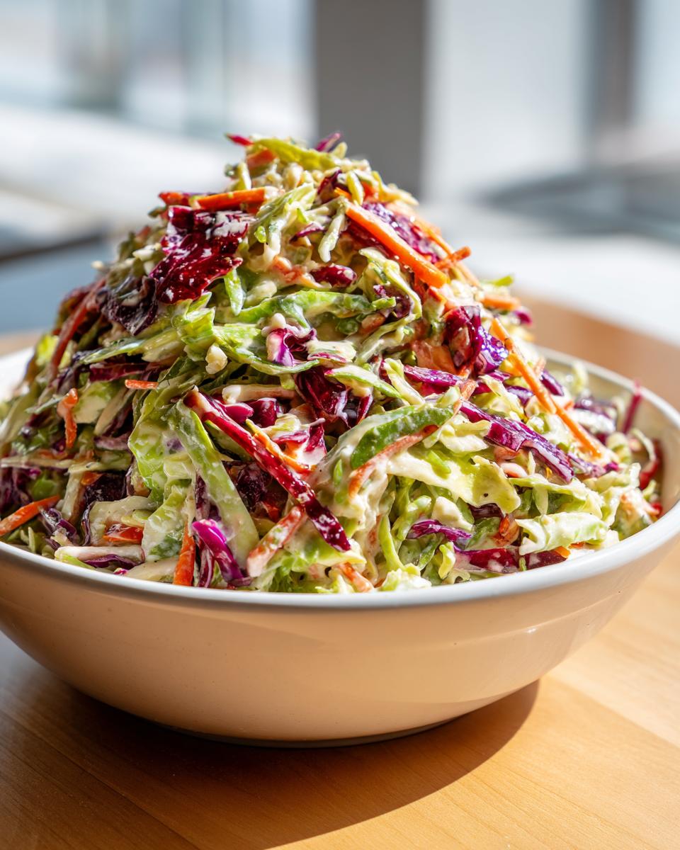 A large mound of creamy Rainbow Crunch Slaw featuring shredded green cabbage, purple cabbage, and carrots.