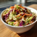 Close-up of a white bowl filled with creamy Rainbow Crunch Slaw featuring shredded green cabbage, purple cabbage, and carrots.