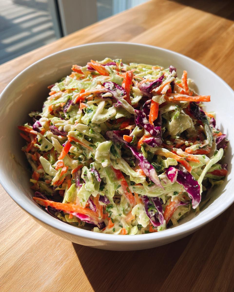 A close-up of a white bowl filled with bright Rainbow Crunch Slaw featuring shredded cabbage and carrots.