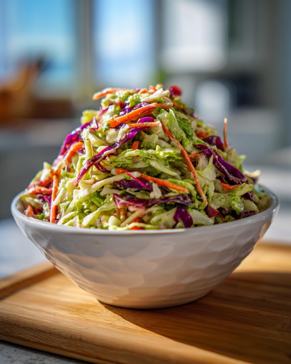 A large white bowl piled high with vibrant Rainbow Crunch Slaw, featuring shredded green cabbage, purple cabbage, and carrots.