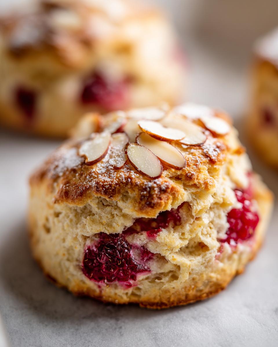 A close-up of a freshly baked Raspberry Almond Scone, topped with sliced almonds and powdered sugar.