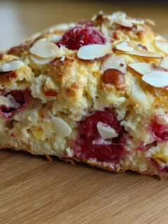 A close-up, cross-section view of a freshly baked Raspberry Almond Scones slice showing bright red raspberries and slivered almonds.