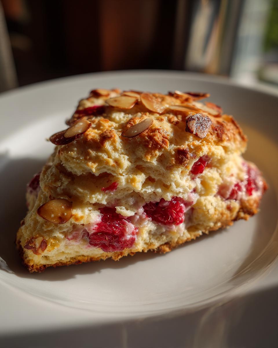 A single, freshly baked Raspberry Almond Scones wedge showing bright red raspberries and sliced almonds on top.