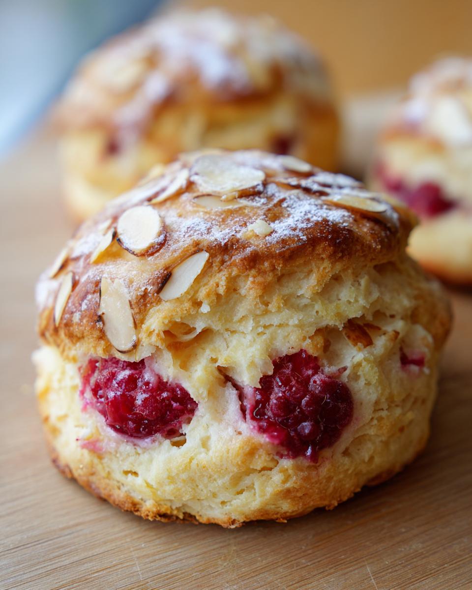 A close-up of a freshly baked Raspberry Almond Scones, studded with bright red raspberries and topped with sliced almonds and powdered sugar.