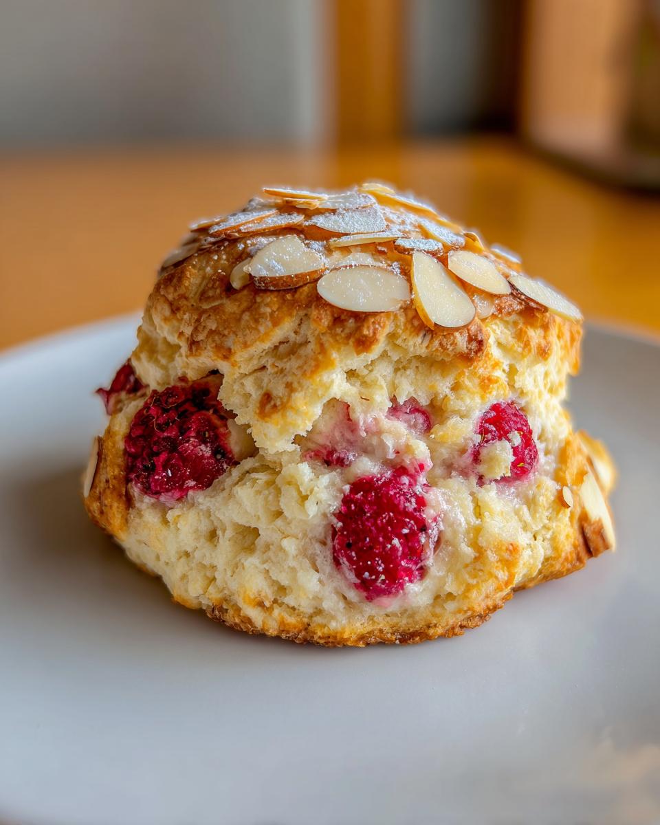 A single, fluffy Raspberry Almond Scones, studded with bright red raspberries and topped with sliced almonds and powdered sugar.
