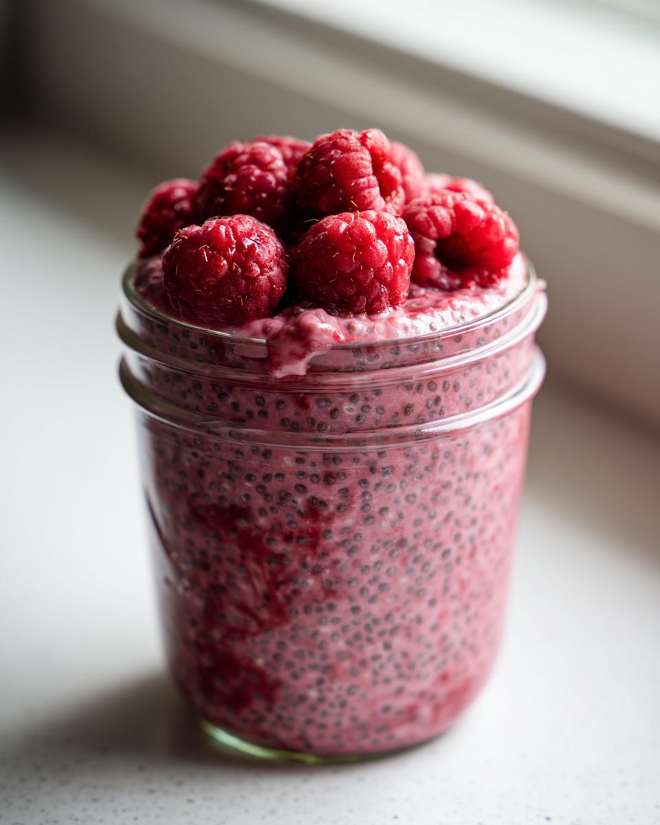 Close-up of Raspberry Chia Pudding Sweetened With Maple Syrup topped with fresh raspberries in a glass jar.