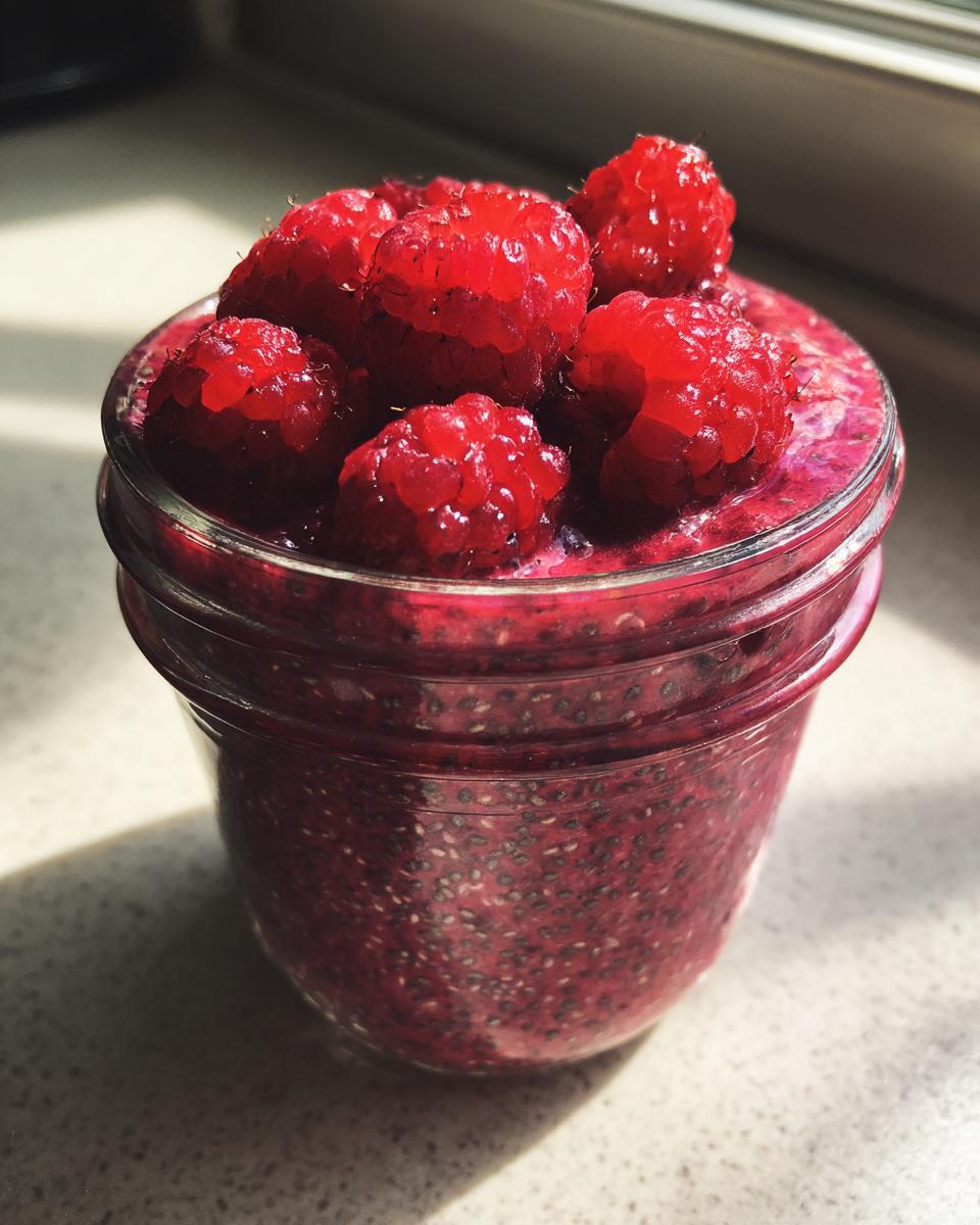 Close-up of Raspberry Chia Pudding Sweetened With Maple Syrup topped with fresh raspberries in a glass jar.