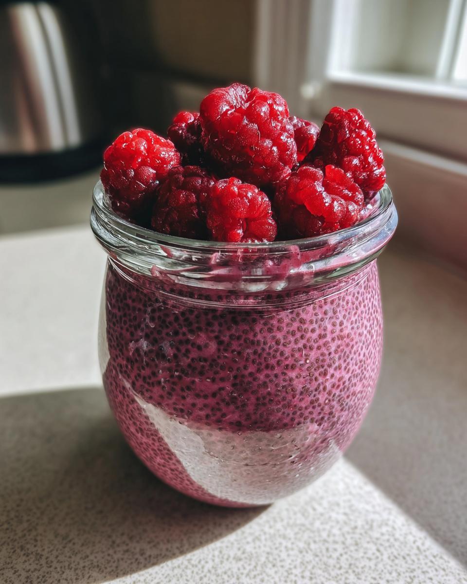 Close-up of Raspberry Chia Pudding Sweetened With Maple Syrup topped with fresh raspberries in a glass jar.
