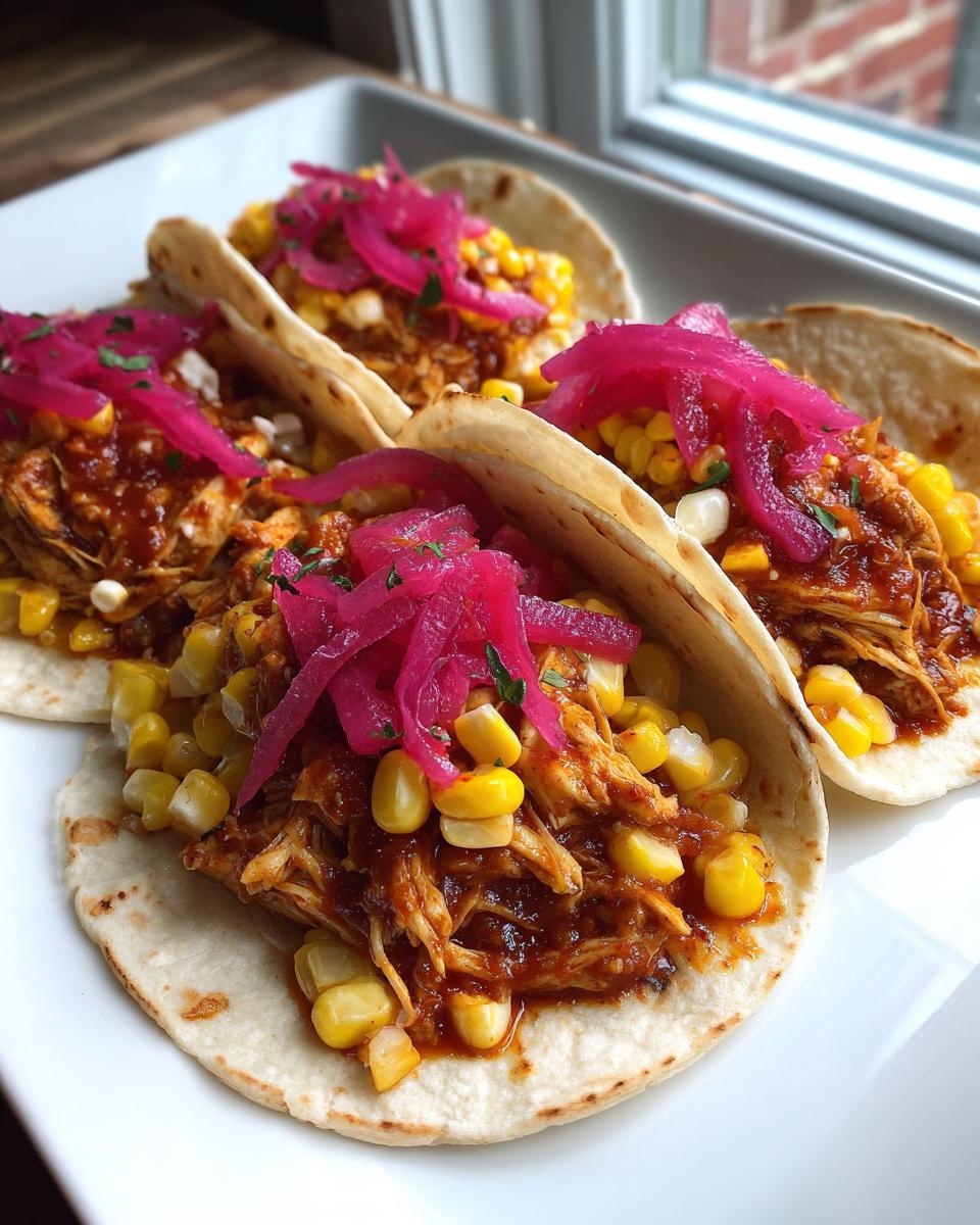 Four Red Chile Chicken Tacos With Creamy Corn Pickled Onions served on a white plate, topped with bright pink pickled onions.