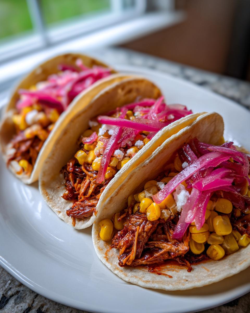 Three Red Chile Chicken Tacos With Creamy Corn Pickled Onions piled high on a white plate.