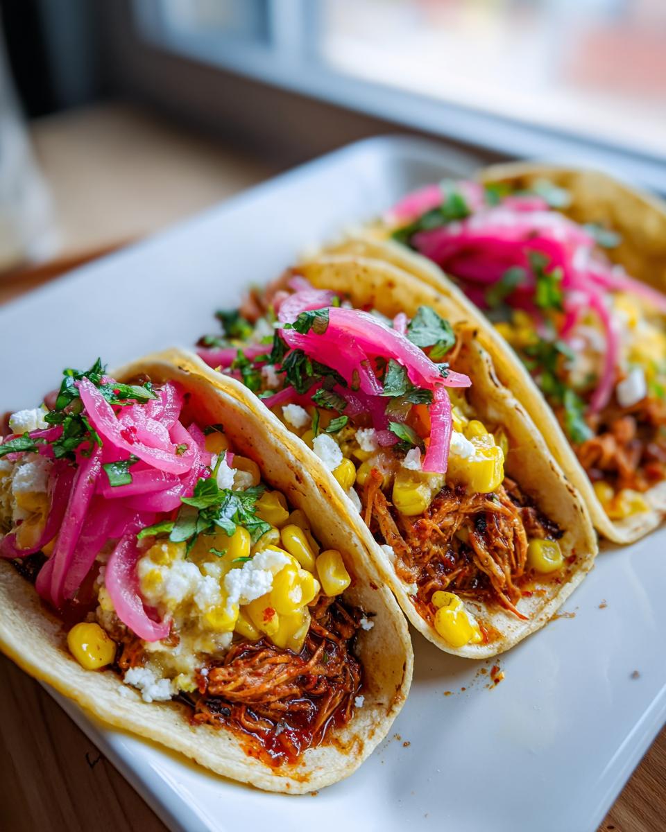Three delicious Red Chile Chicken Tacos With Creamy Corn Pickled Onions lined up on a white plate.