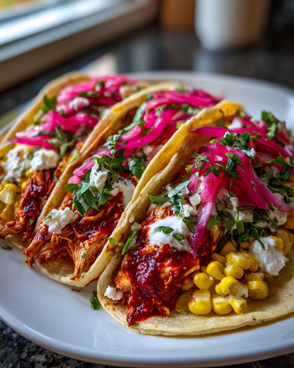 Three Red Chile Chicken Tacos With Creamy Corn Pickled Onions piled high on a white plate.