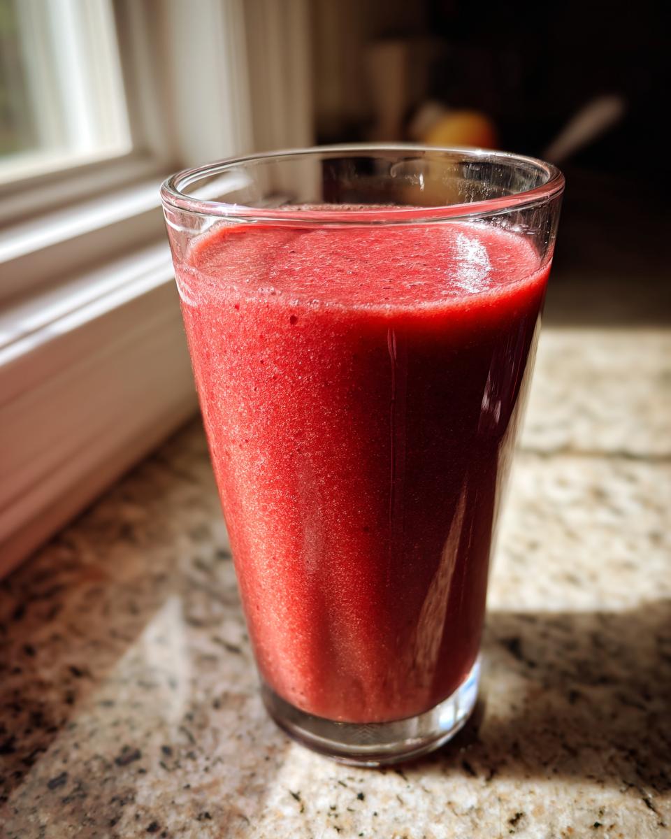 Close-up of a tall glass filled with a thick, vibrant red Red Velvet Cake Smoothie on a granite countertop.