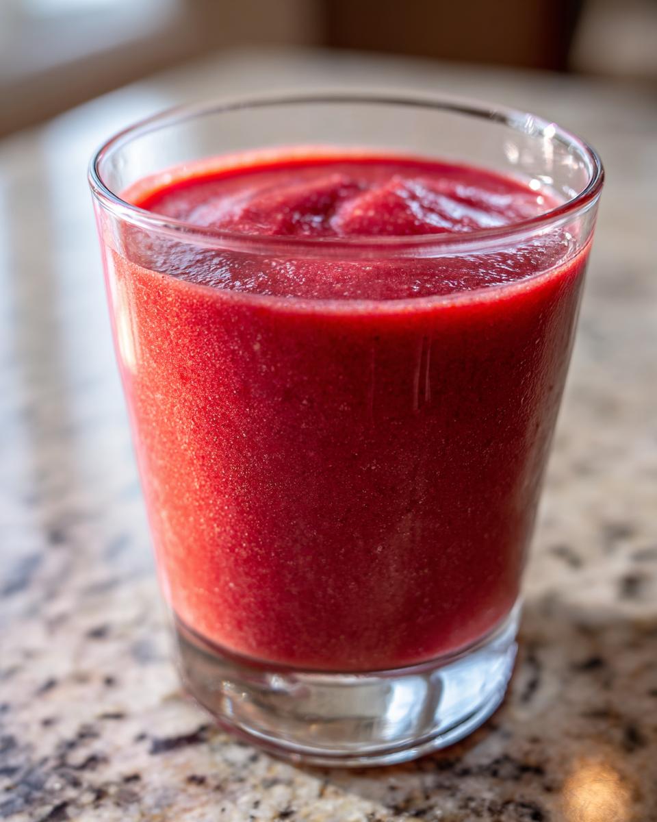 Close-up of a vibrant, thick Red Velvet Cake Smoothie served in a clear glass on a speckled countertop.
