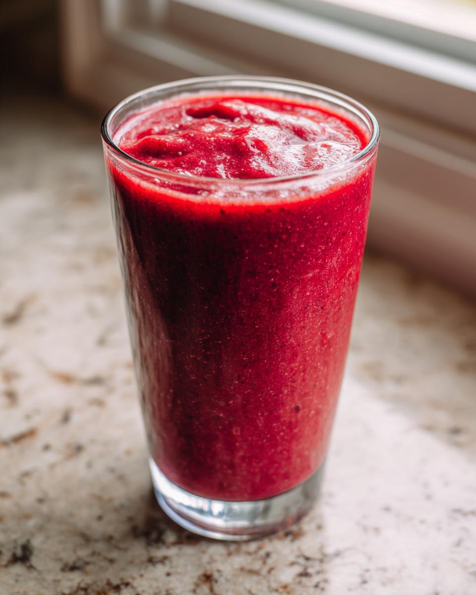 A tall glass filled with a thick, vibrant, deep red Red Velvet Cake Smoothie resting on a speckled countertop.