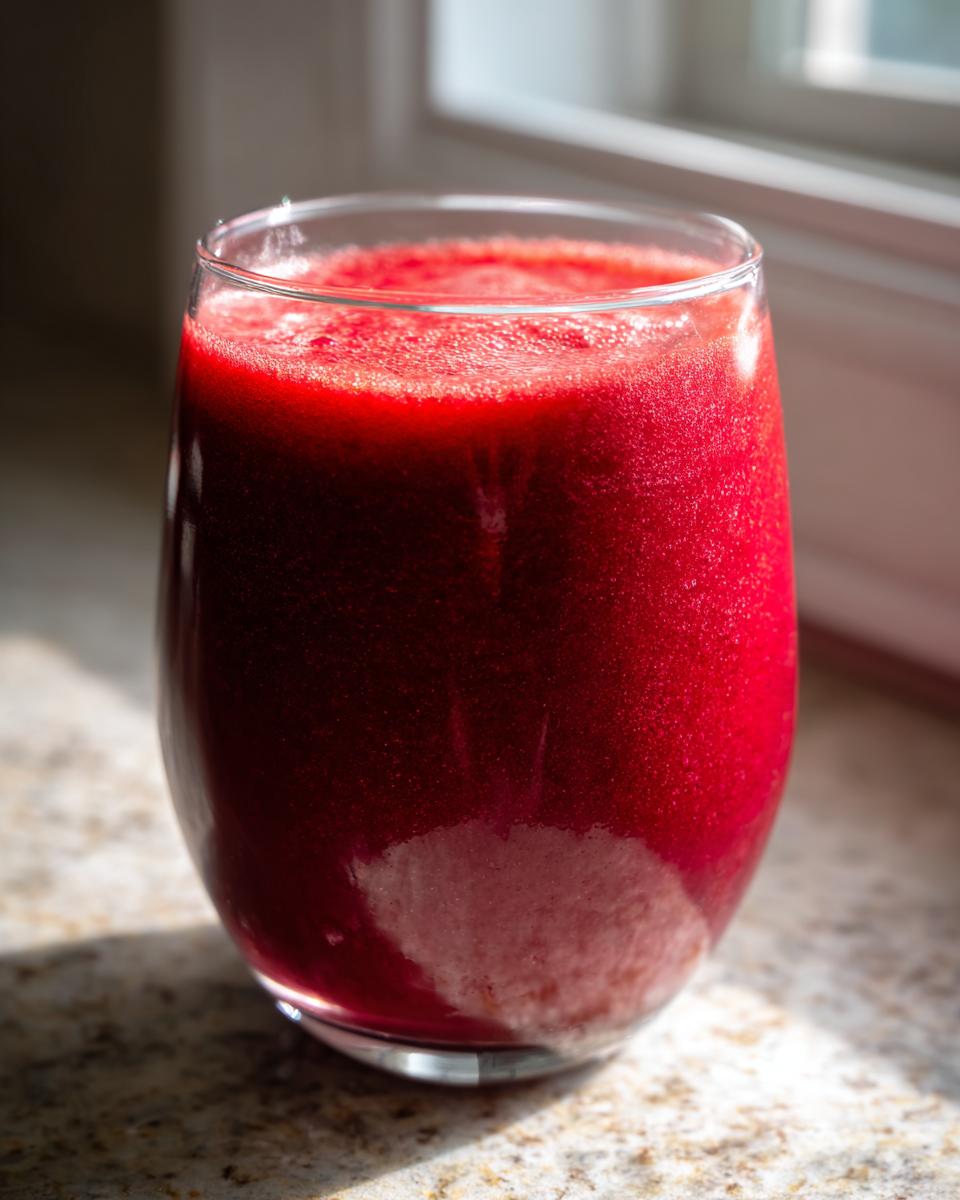 Close-up of a vibrant, deep red Red Velvet Cake Smoothie served in a clear glass on a countertop.