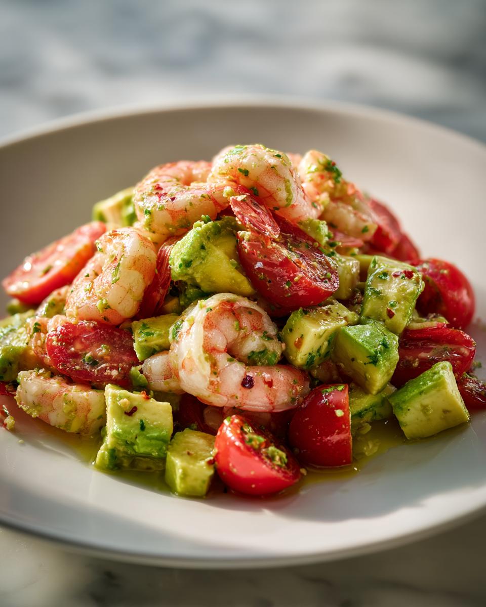 A close-up of a mound of Refreshing Shrimp And Avocado Salad featuring pink shrimp, diced avocado, and halved cherry tomatoes.