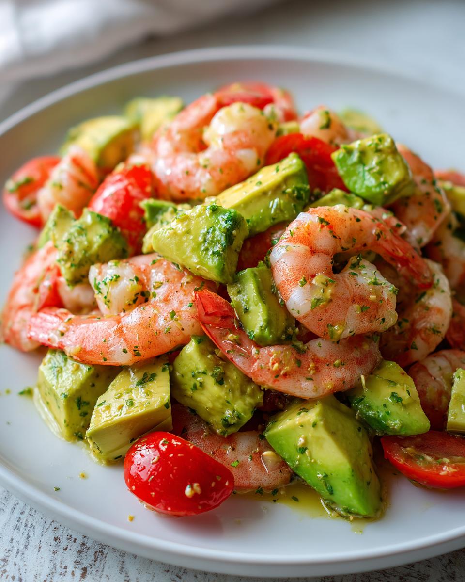 Close-up of vibrant Refreshing Shrimp And Avocado Salad with chunks of avocado and cherry tomatoes.