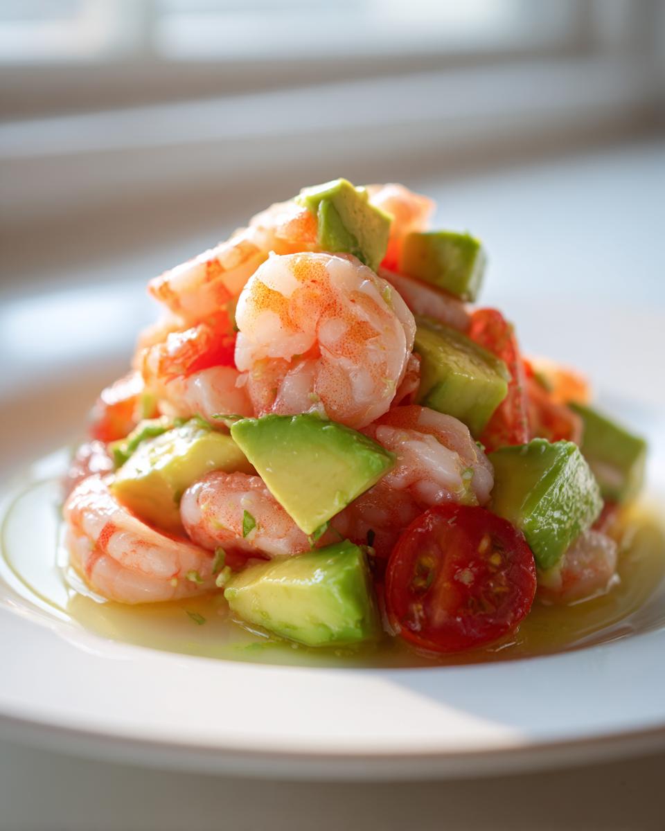 A vibrant mound of Refreshing Shrimp And Avocado Salad featuring cooked shrimp, diced avocado, and halved cherry tomatoes in a light dressing.